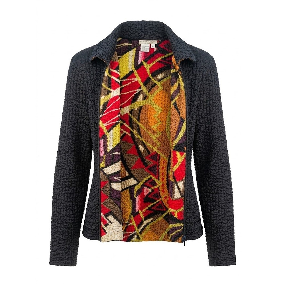 Alberto Makali Jacket Womens L Black Abstract Art to Wear Textured Crinkle Zip